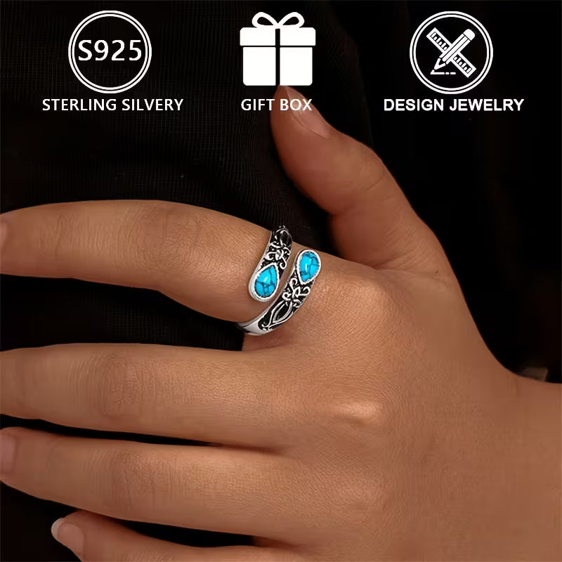 Sterling Silver Teardrop Turquoise Patterned Ring Adjustable P-T