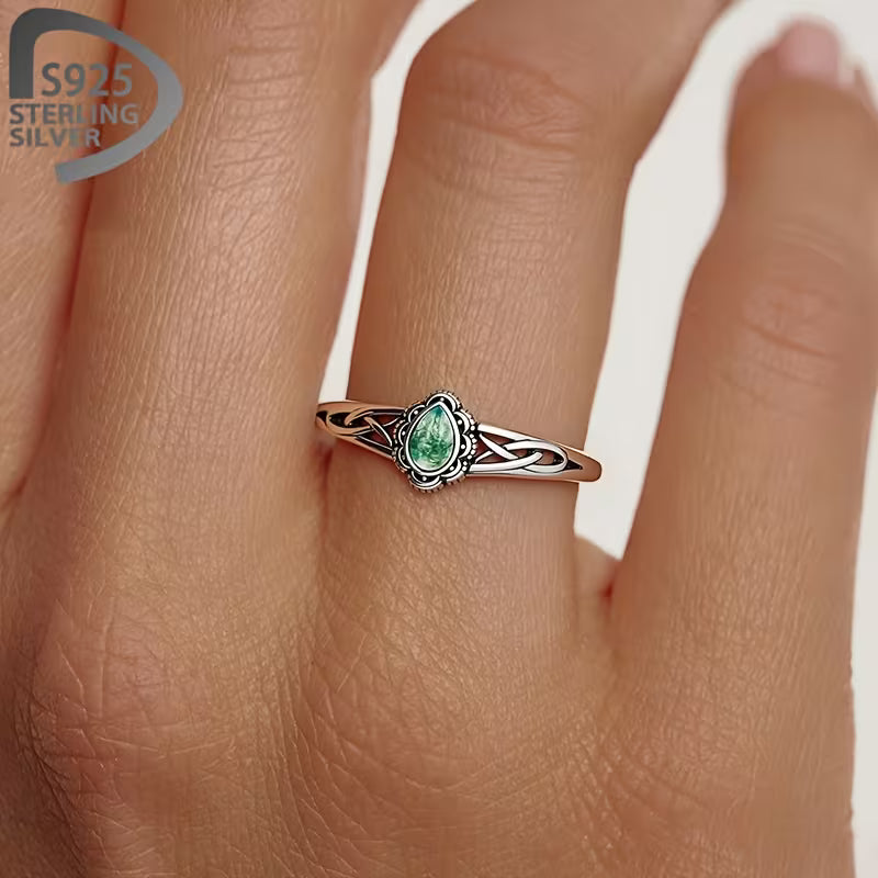 Sterling Silver Celtic Teardrop Moss Agate Celtic Ring Adjustable Q-T