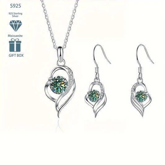 Sterling Silver Blue/Green Moissanite Heart Pendant, Chain & Drop Earrings Set