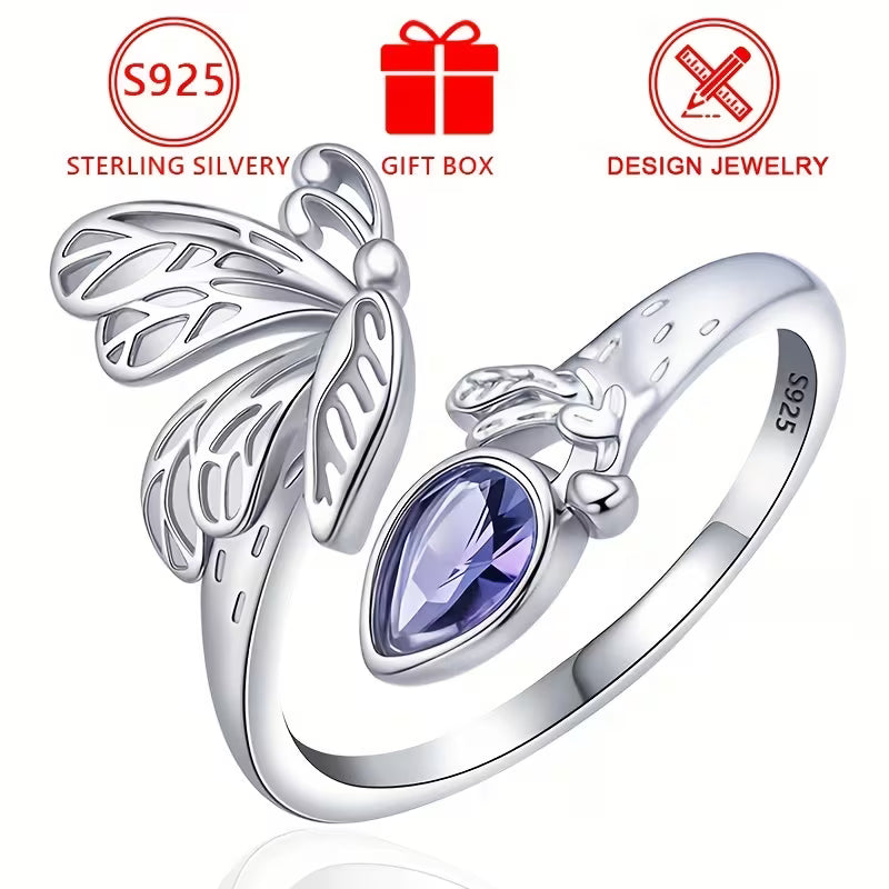 Sterling Silver Butterfly Purple Cubic Zirconia Ring Adjustable size O-T