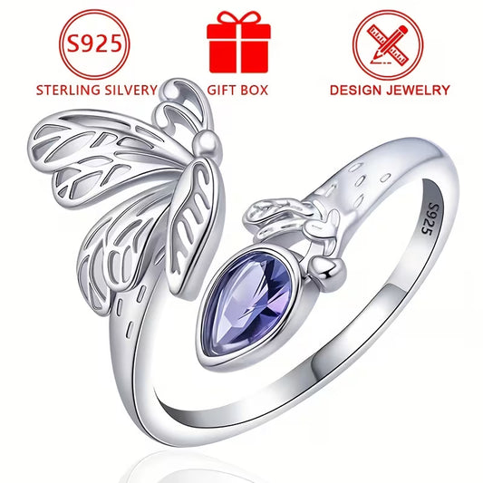 Sterling Silver Butterfly Purple Cubic Zirconia Ring Adjustable size O-T
