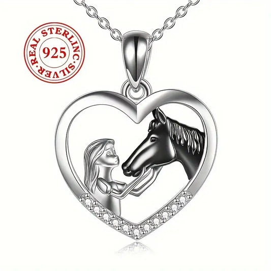 Sterling Silver 2 Tone Hugging Black Horse & Child Cubic Zirconia Heart Pendant & Chain