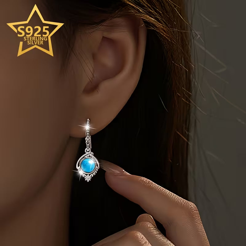 Sterling Silver Retro Bohemian Style Turquoise Drop Earrings