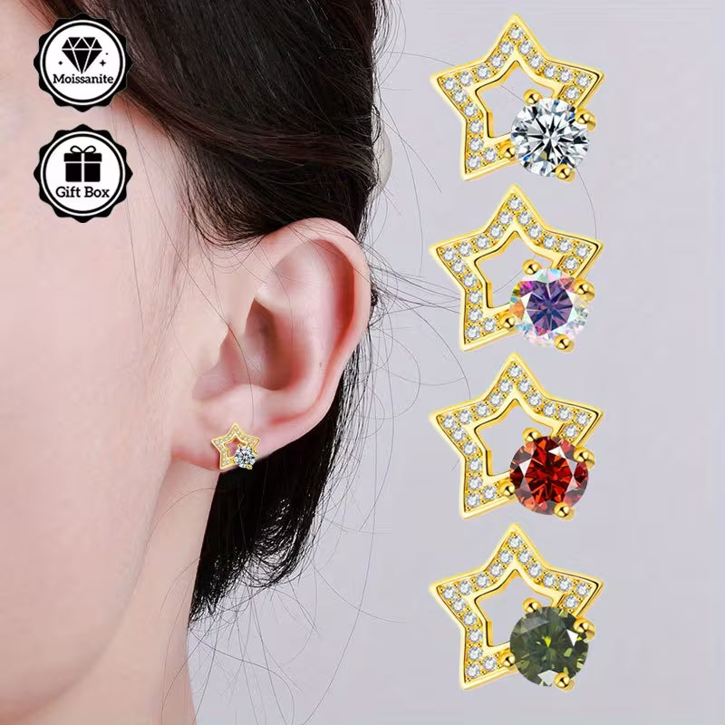 Sterling Silver Yellow Gold Plated 0.5ct White Moissanite Star Stud Earrings