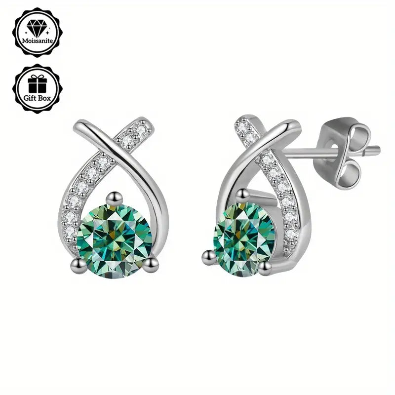 Sterling Silver 0.5ct Blue/Green Moissanite Bow Stud Earrings