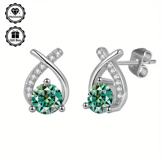 Sterling Silver 0.5ct Blue/Green Moissanite Bow Stud Earrings