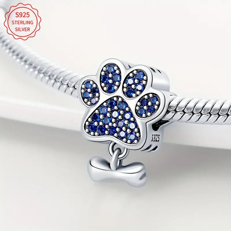 Sterling Silver Blue Cubic Zirconia Dog Paw & Bone Bead Charm
