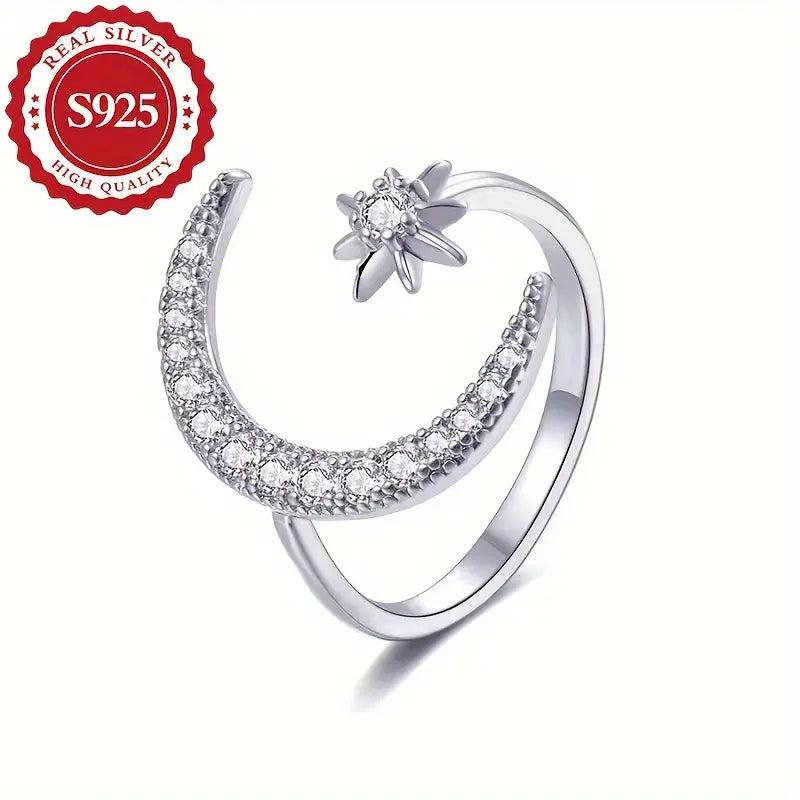 Sterling Silver Adjustable Moon & Star Cubic Zirconia Ring