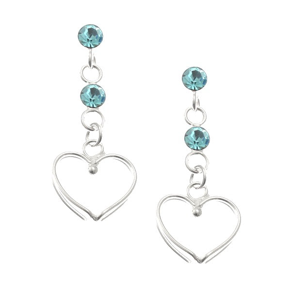 Sterling Silver Aqua CZ Heart Drop Earrings