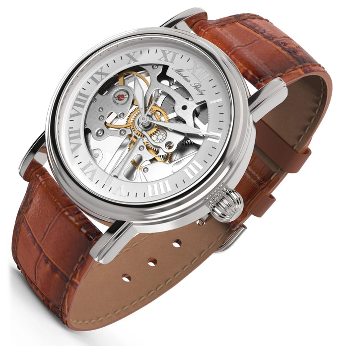 Markus Ruby Mechanical Men's Skeleton Wrist Watch (Brown Leather Strap)