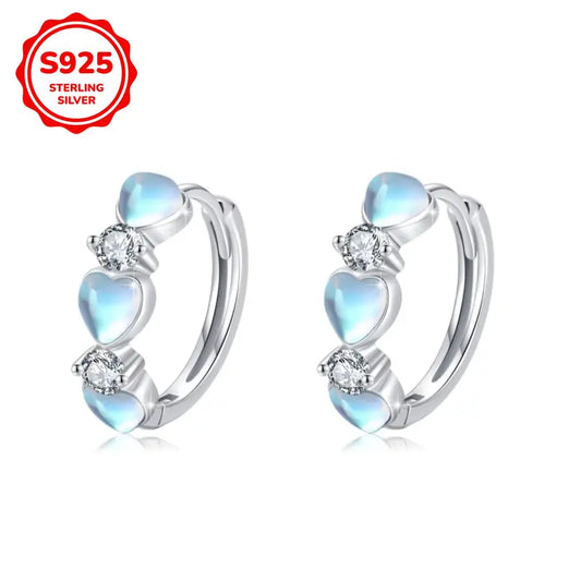 Sterling Silver Triple Heart Moonstone Hoop Earrings