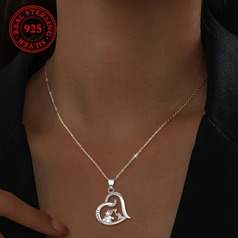 Sterling Silver Elephants 'I Love You' Cubic Zirconia Heart Pendant & Chain