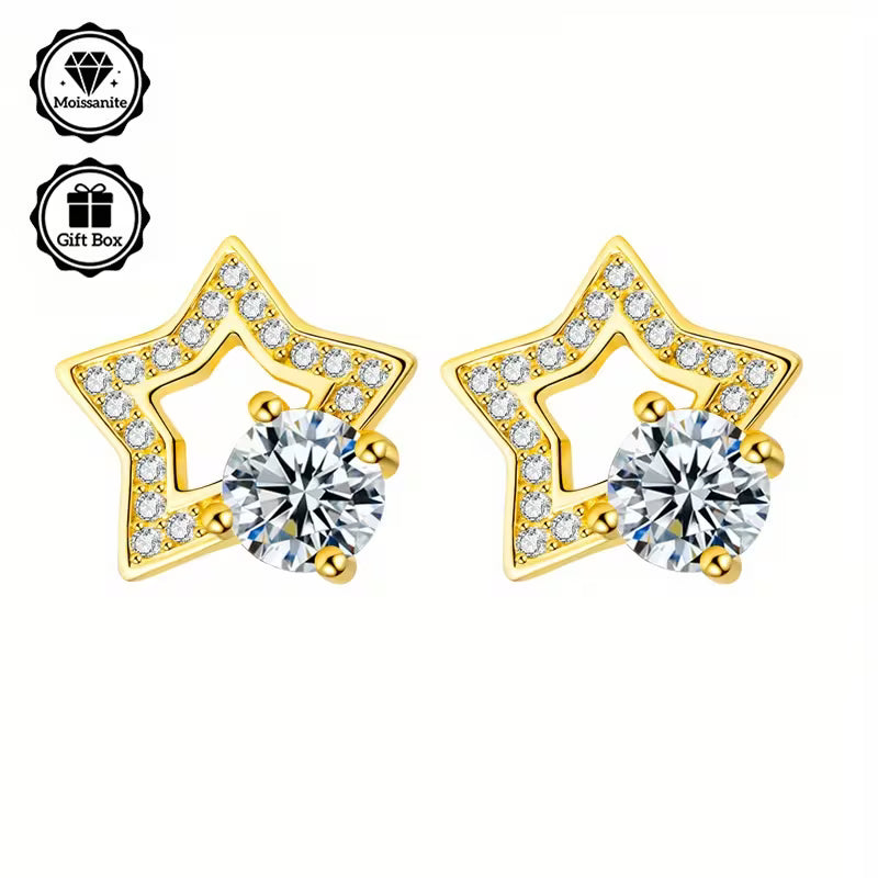Sterling Silver Yellow Gold Plated 0.5ct White Moissanite Star Stud Earrings
