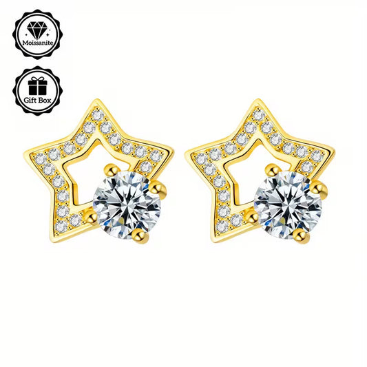 Sterling Silver Yellow Gold Plated 0.5ct White Moissanite Star Stud Earrings