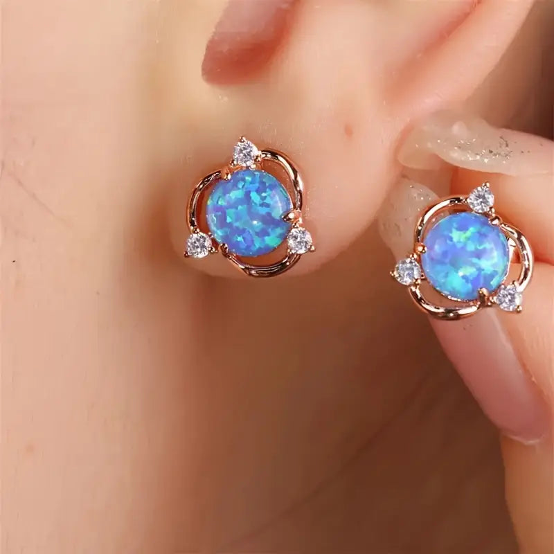Sterling Silver Rose Gold Plated Round Blue Opal & Cubic Zirconia Stud Earrings