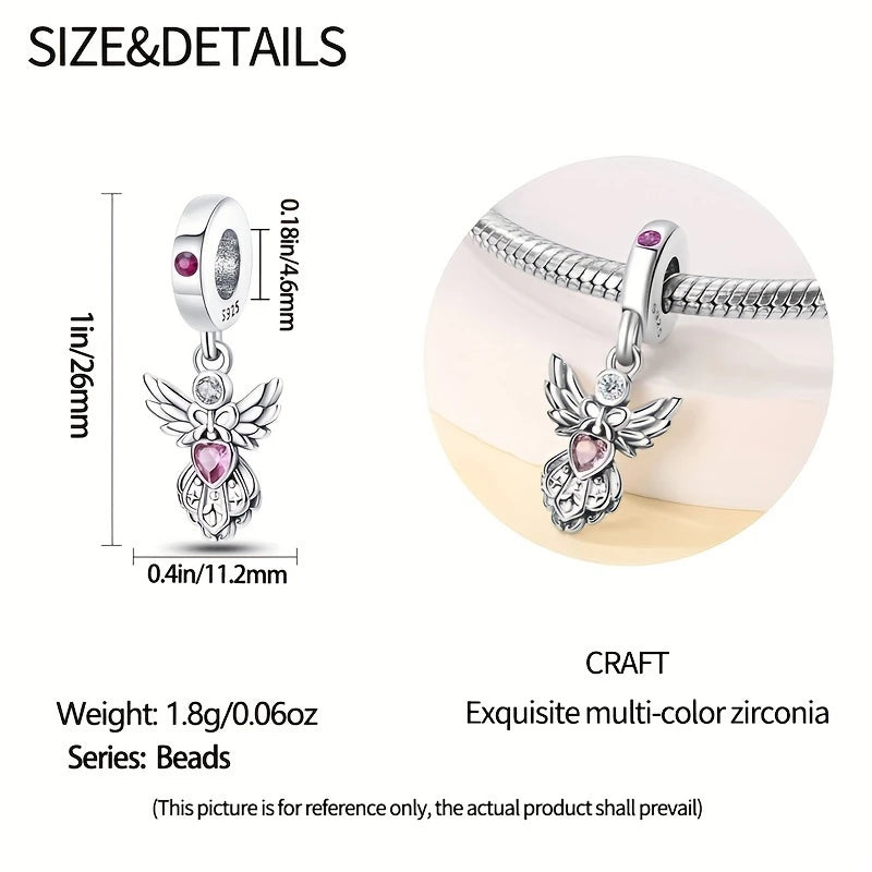 Sterling Silver Angel Wings Pink Cubic Zirconia Heart Charm