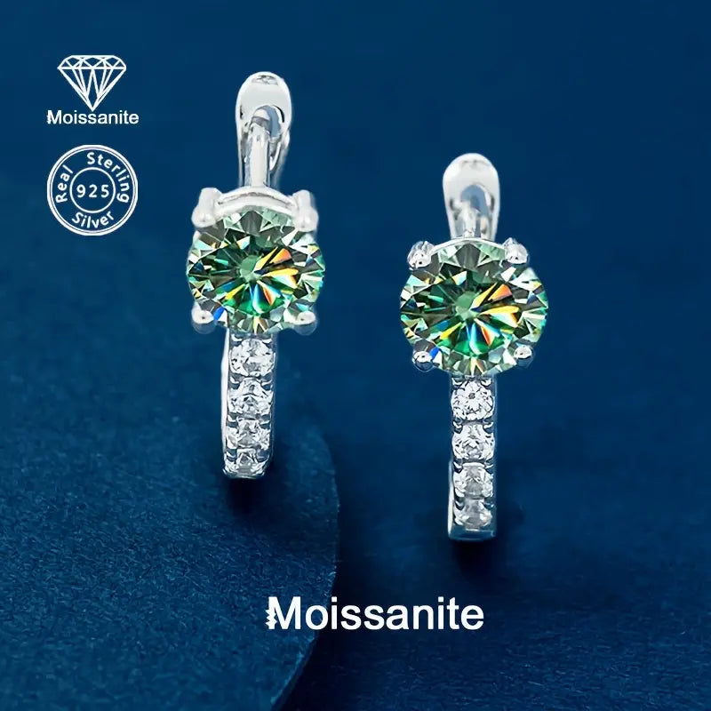Sterling Silver 1ct Blue/Green Moissanite Huggie Hoop Earrings