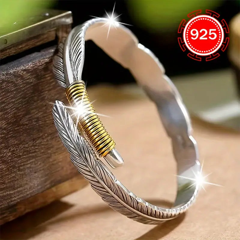 Sterling Silver Unisex Feather Cuff Bangle