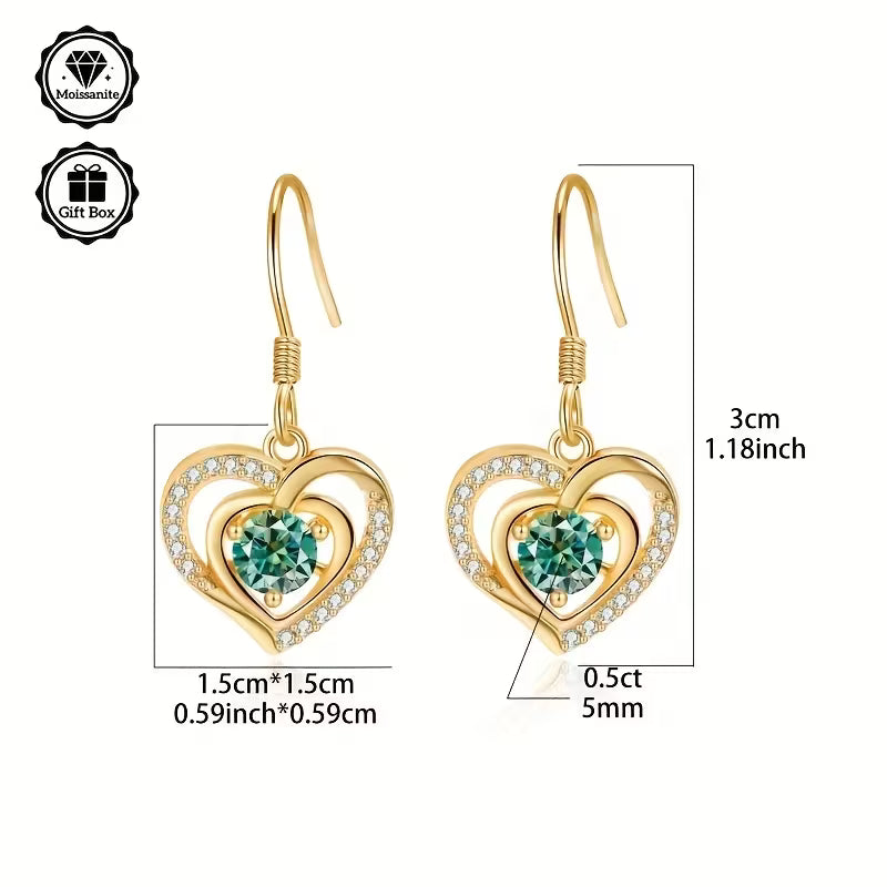 Gold Plated Sterling Silver 0.5ct Olive Green Moissanite Heart Drop Earrings