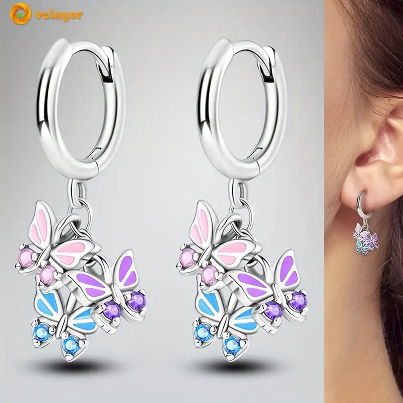 Sterling Silver 3 Colour Butterfly Cubic Zirconia Hoop Drop Earrings