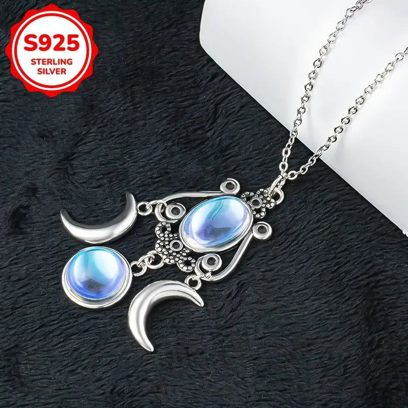 Sterling Silver Bohemian Moonstone Crescent Moons Pendant & Chain