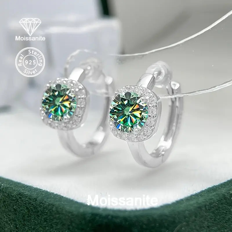 Sterling Silver 0.5ct Blue/Green Moissanite Small Hoop Earrings