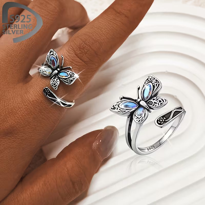 Sterling Silver Butterfly Moonstone Ring Adjustable N-T