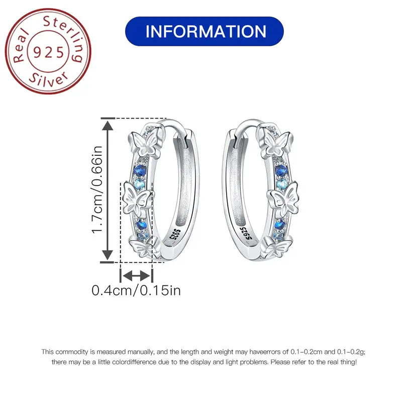 Sterling Silver Butterfly Blue Cubic Zirconia Hoop Earrings