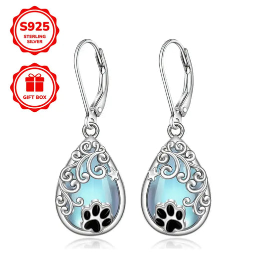 Sterling Silver Filigree Cat Paw Print Moonstone Teardrop Drop Earrings