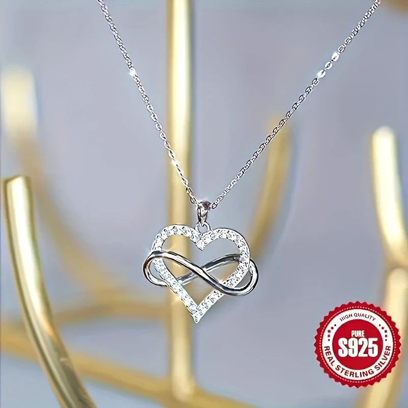 Sterling Silver Small Infinity Heart Cubic Zirconia Pendant & Chain