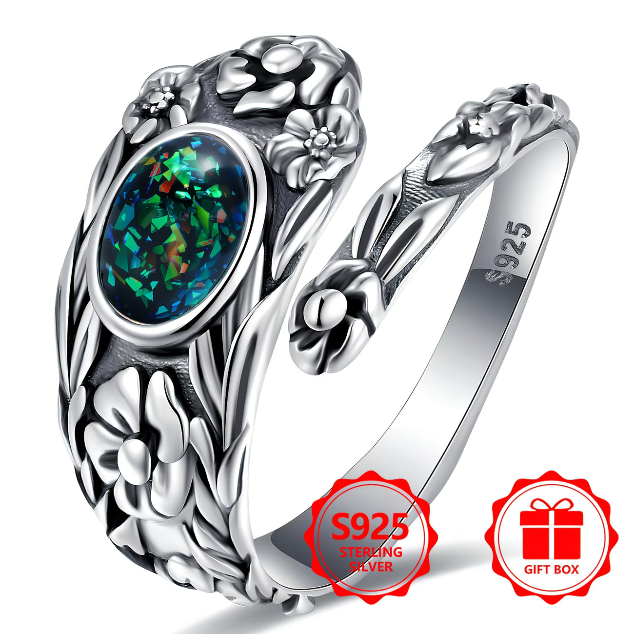Sterling Silver Oval Opal Flower Pattern Ring Adjustable size O-T