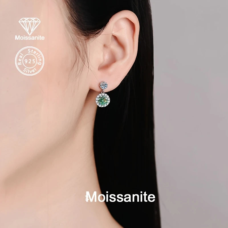 Sterling Silver 1ct Blue/Green Moissanite Stud Drop Earrings