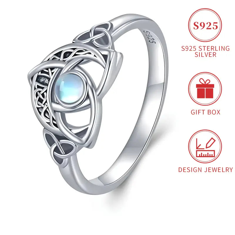 Sterling Silver Celtic Trinity Knot Crescent Moon Moonstone Ring size O, S, T 1/2 or U 1/2