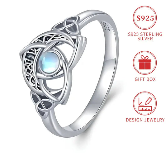Sterling Silver Celtic Trinity Knot Crescent Moon Moonstone Ring size O, P 1/2, S, T 1/2 or U 1/2