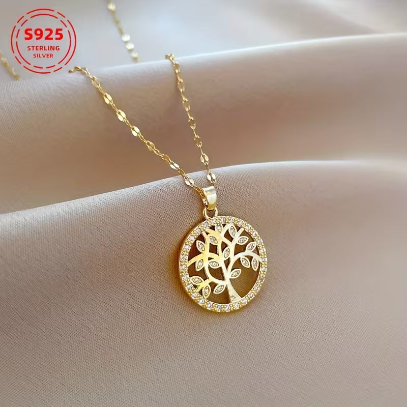 Yellow Gold Plated Sterling Silver Tree of Life Circle CZ Pendant & Chain