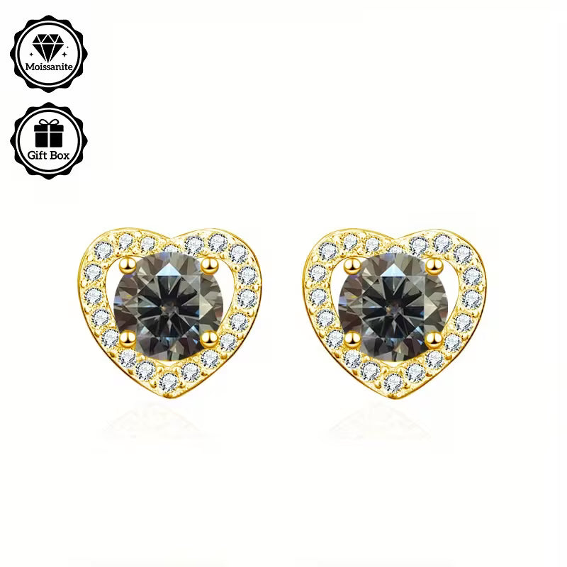 Yellow Gold Plated Sterling Silver 1ct Grey Moissanite Heart Stud Earrings