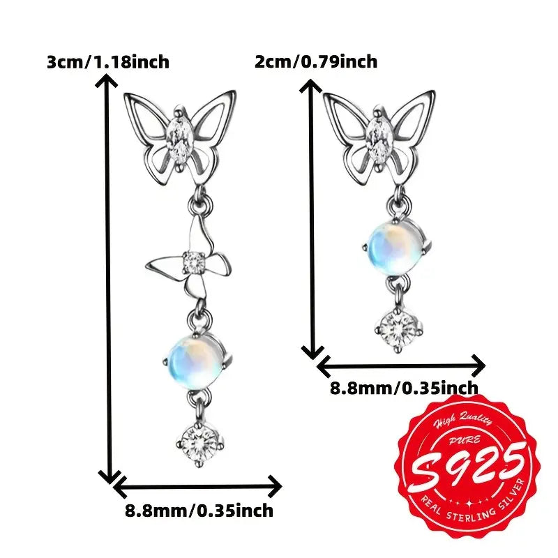 Sterling Silver Asymmetrical Moonstone Butterfly Stud Tassel Earrings