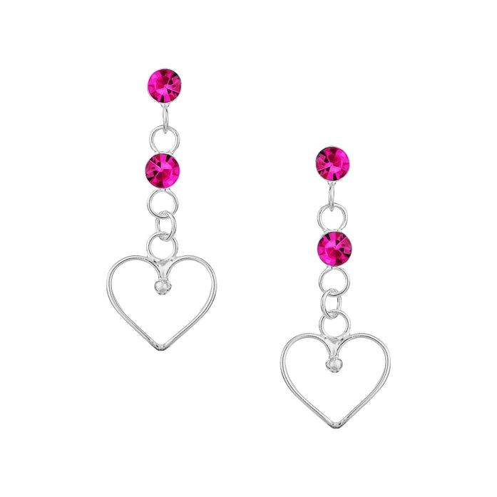 Sterling Silver Fuchsia Crystal Heart Drop Earrings