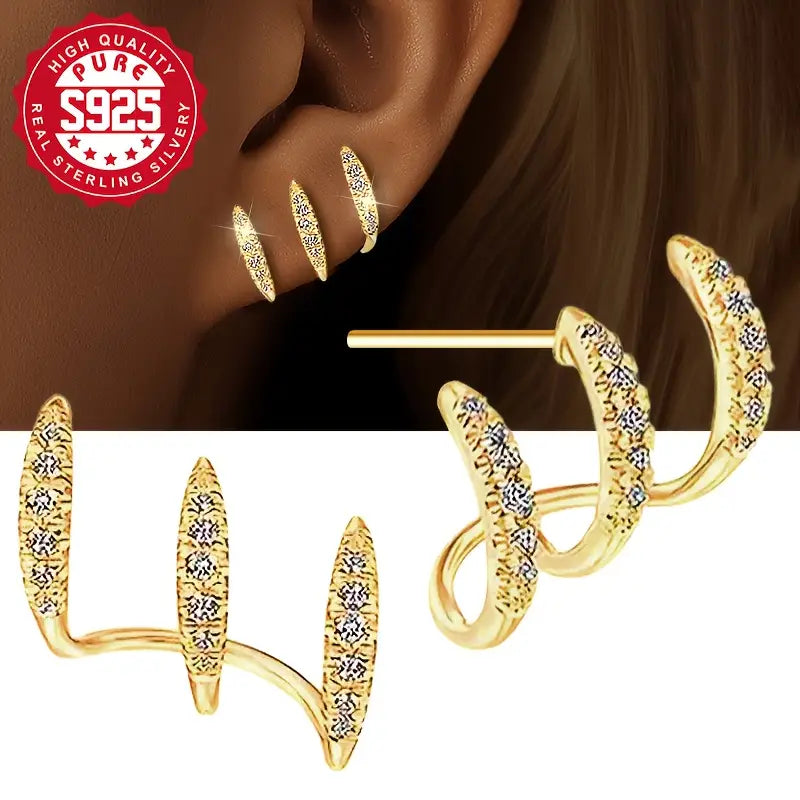 Sterling Silver Yellow Gold Plated Cubic Zirconia Multi Layered Earrings