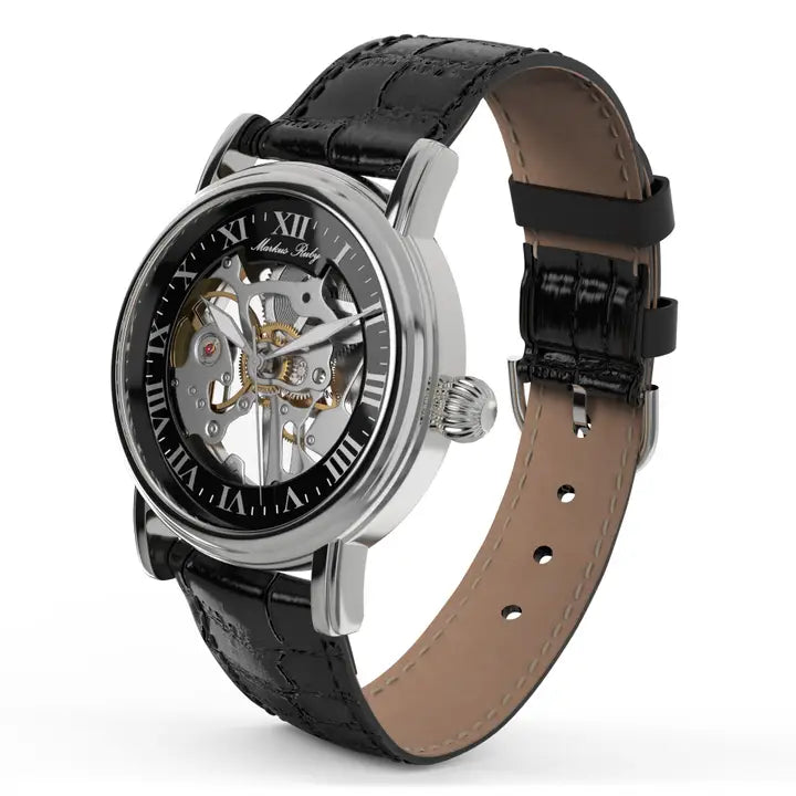 Markus Ruby Mechanical Men's Skeleton Wrist Watch (Black Leather Strap)