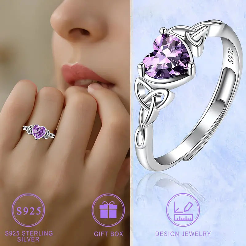 Sterling Silver Celtic Knot Purple Cubic Zirconia Heart Ring (Adjustable)