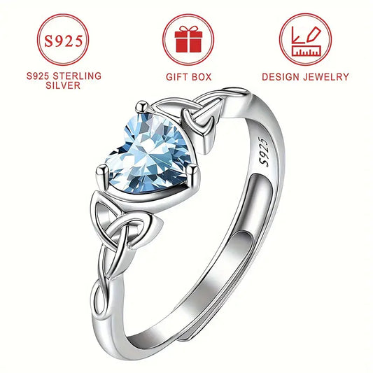 Sterling Silver Celtic Knot Light Blue Cubic Zirconia Heart Ring (Adjustable)