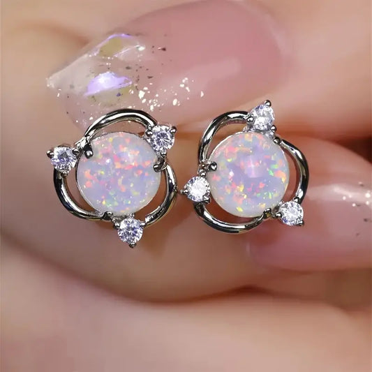 Sterling Silver White Opal & Cubic Zirconia Stud Earrings