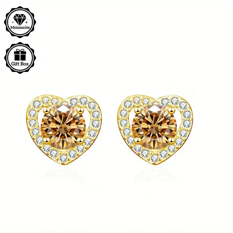 Sterling Silver Yellow Gold Plated 1ct Imperial Yellow Moissanite Heart Stud Earrings