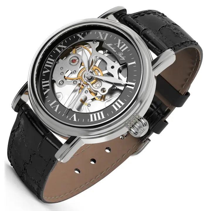 Markus Ruby Mechanical Men's Skeleton Wrist Watch (Black Leather Strap)