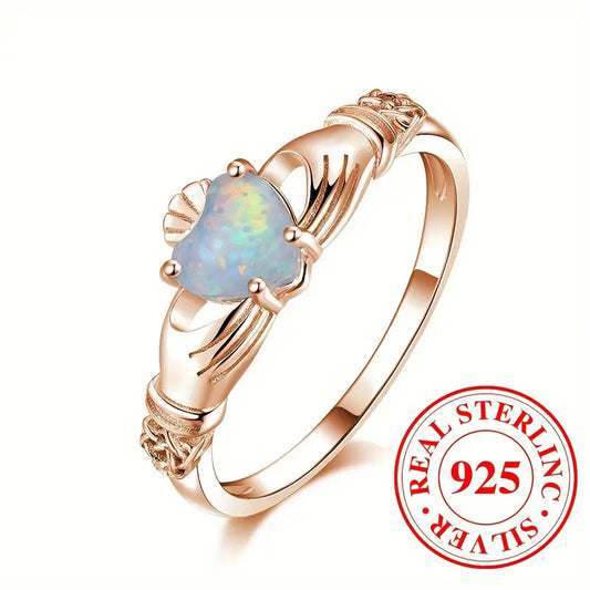 Sterling Silver Rose Gold Plated Claddagh Opal Heart Ring size L, N 1/2, P, R 1/2 or T