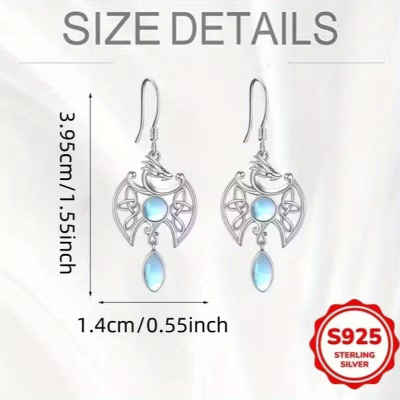 Sterling Silver Celtic Dragon Moonstone Drop Earrings
