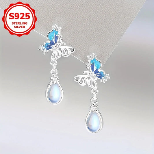 Sterling Silver Butterfly Moonstone Teardrop Drop Earrings