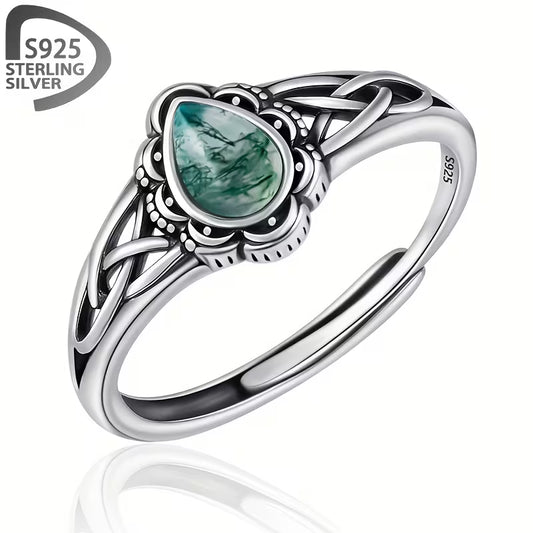 Sterling Silver Celtic Teardrop Moss Agate Celtic Ring Adjustable Q-T