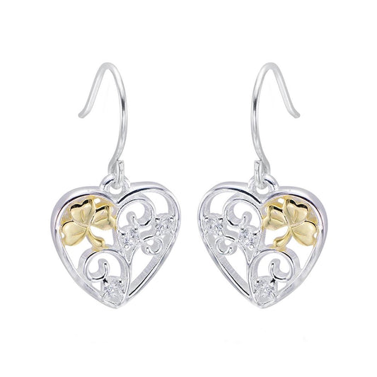 Sterling Silver Shamrock Filigree Heart Drop Earrings